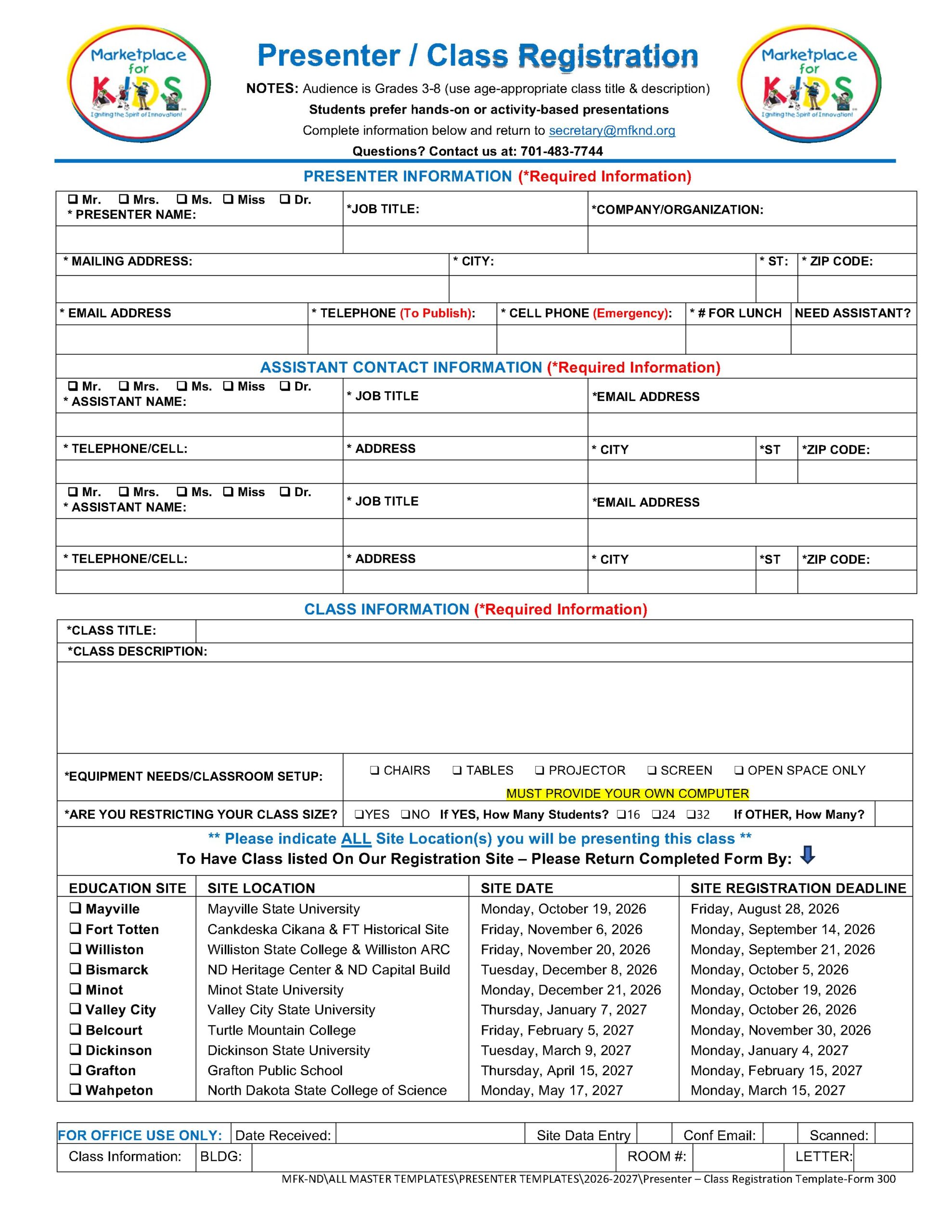 Presenter Class Registration Form - 2026-2027 Presenter Information